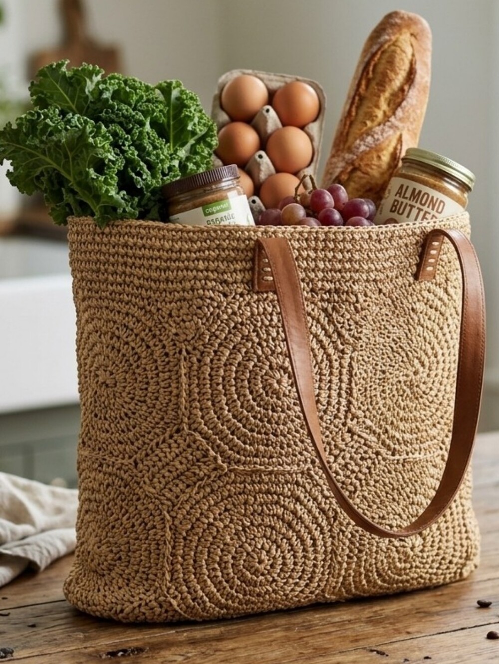 SONOMA Natural Woven Tote with Brown Handles